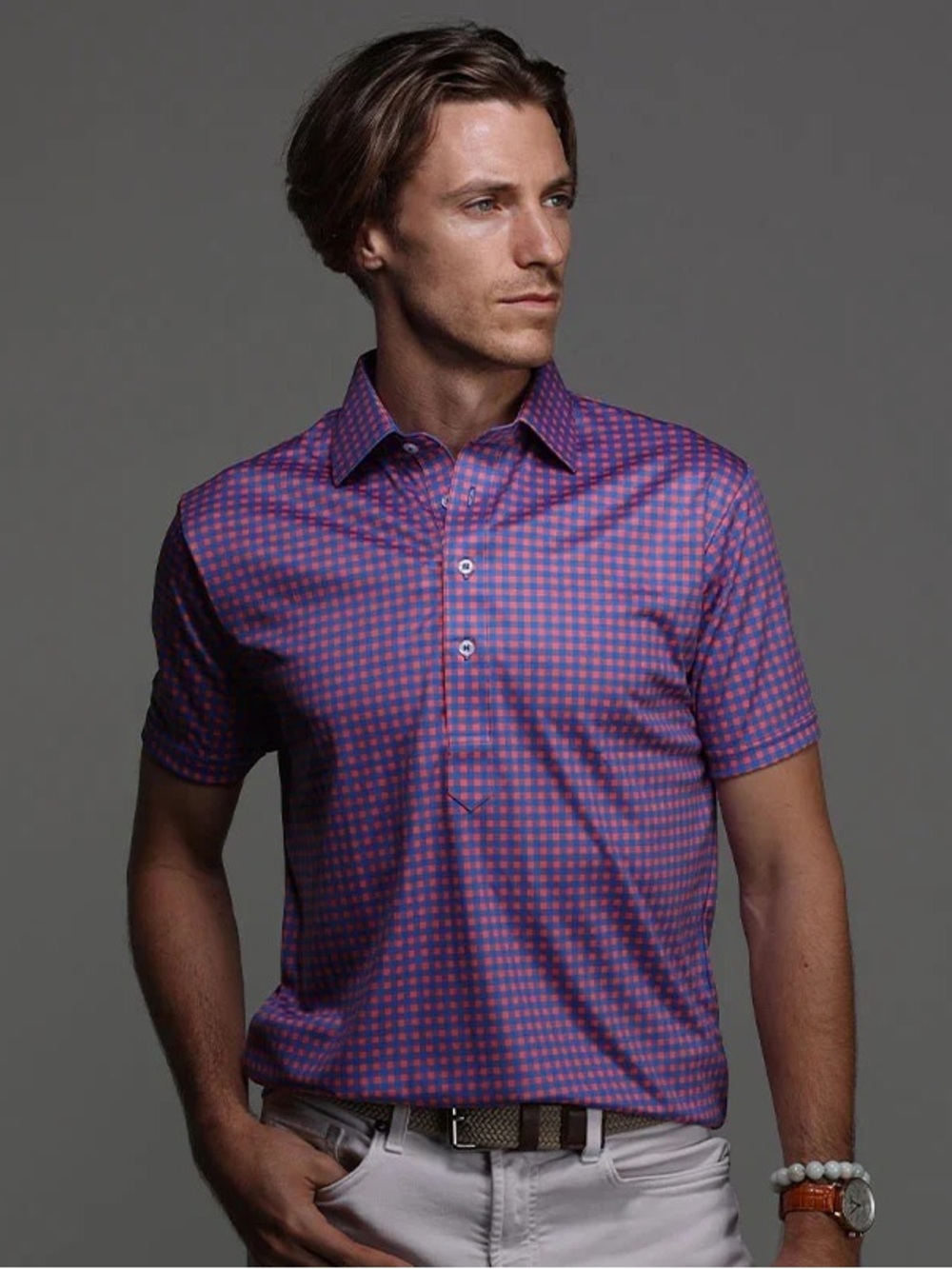 Collars & Co Semi Spread Collar Polo in Tribeca Red Blue Gingham Golf Shirt NEW